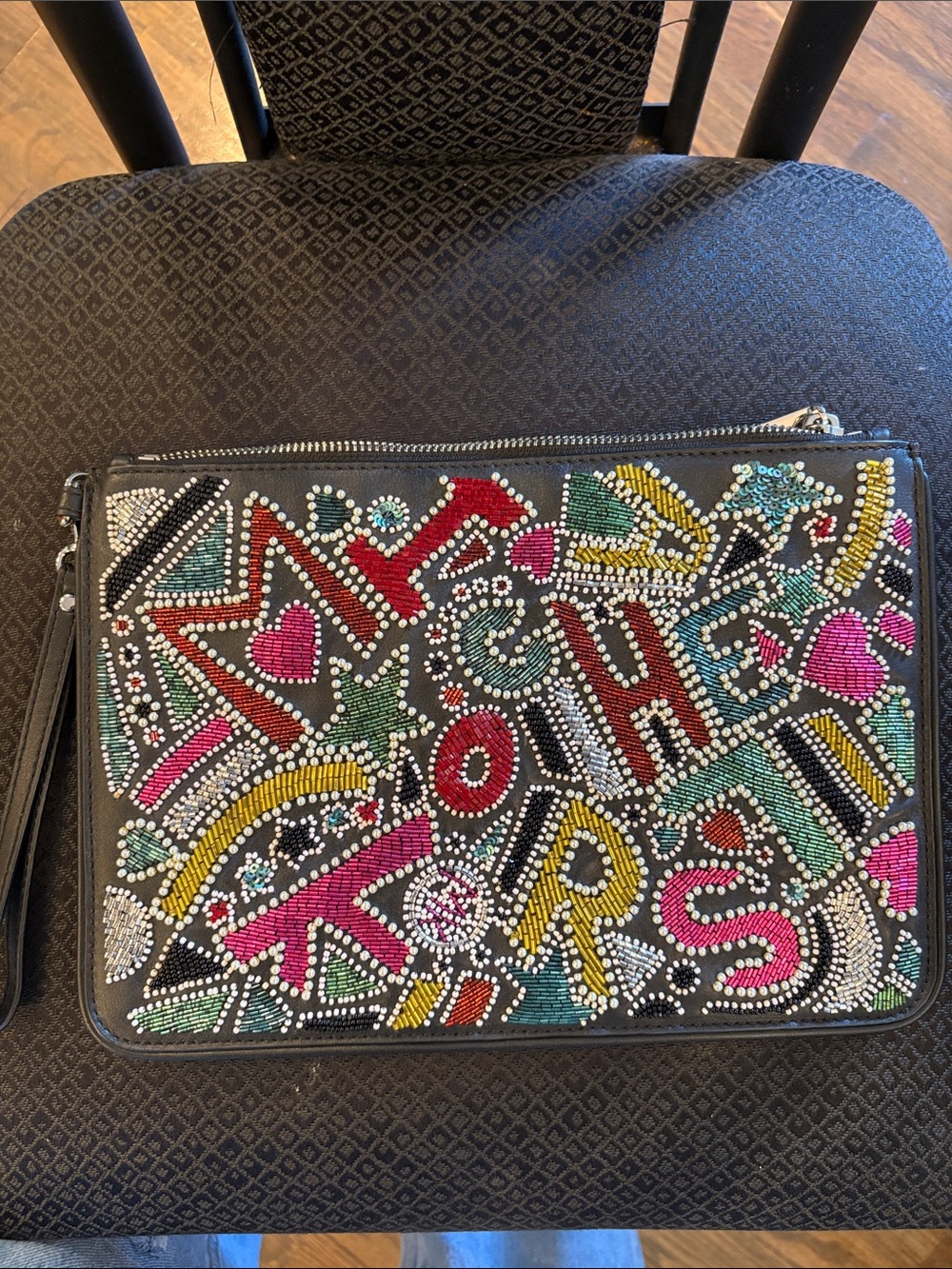 Michael Kors Black Beaded Graphic Zip Clutch with Multicolor Accents